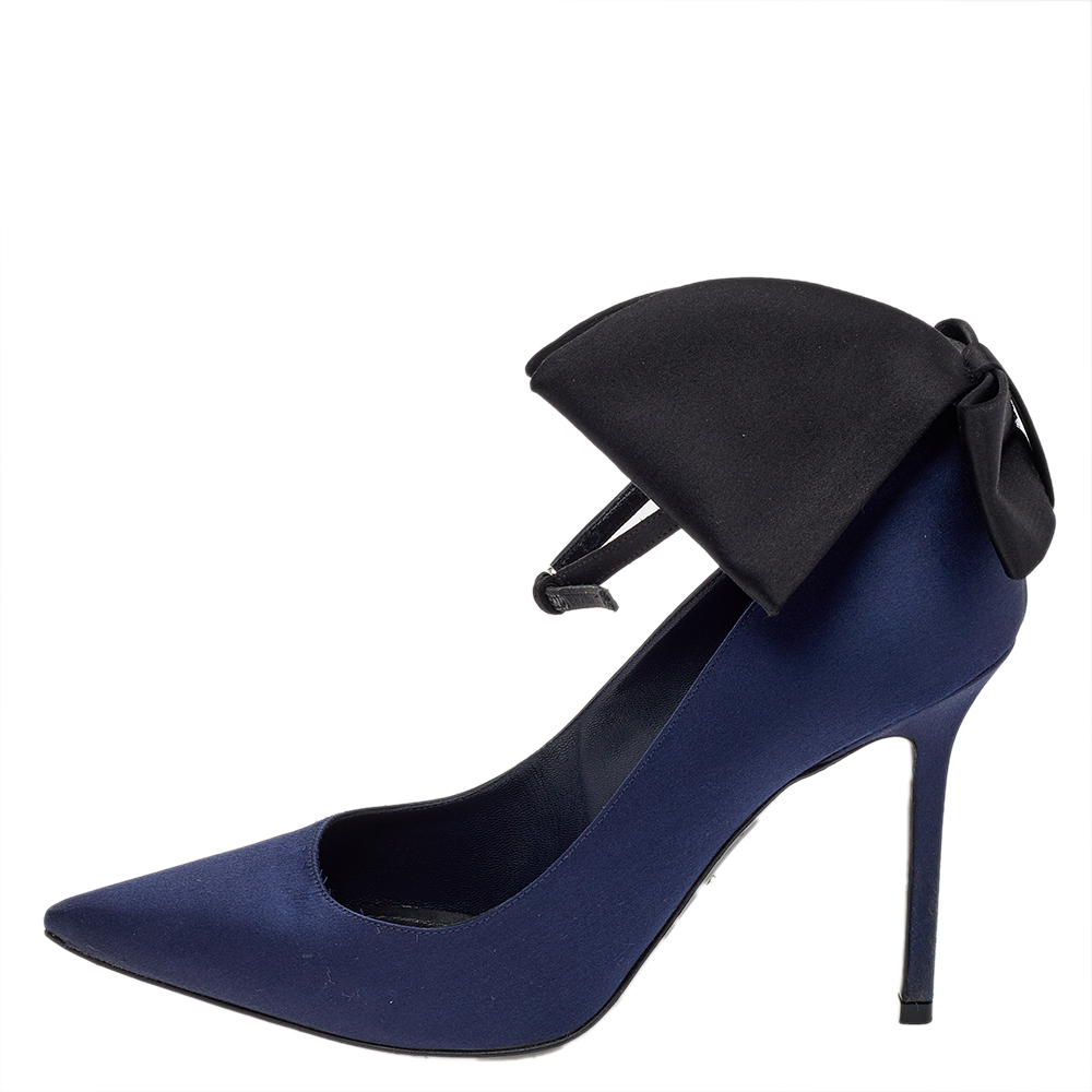 

Dior Navy Blue Satin Bow Ankle Strap Pointed Toe Pumps Size