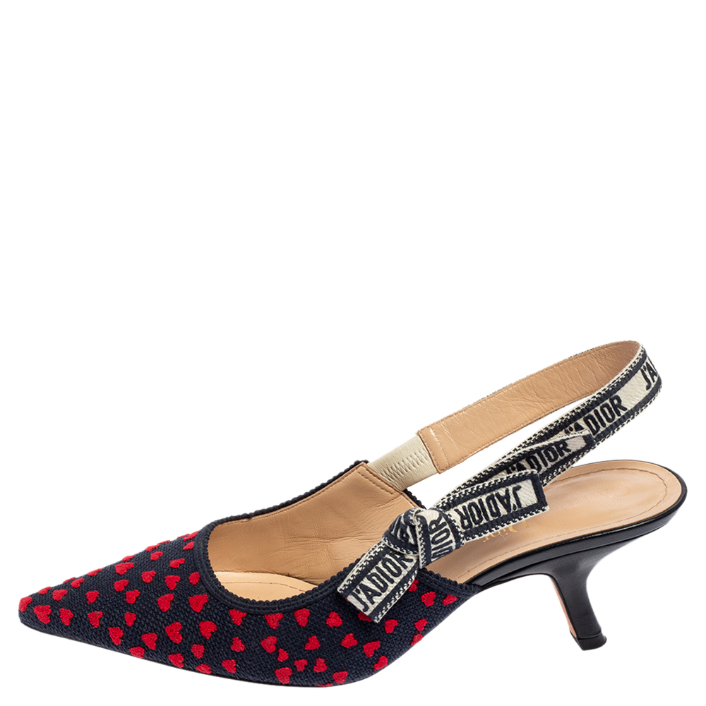 

Dior Navy Blue/Red Heart Embossed Canvas J'Adior Slingback Pumps Size