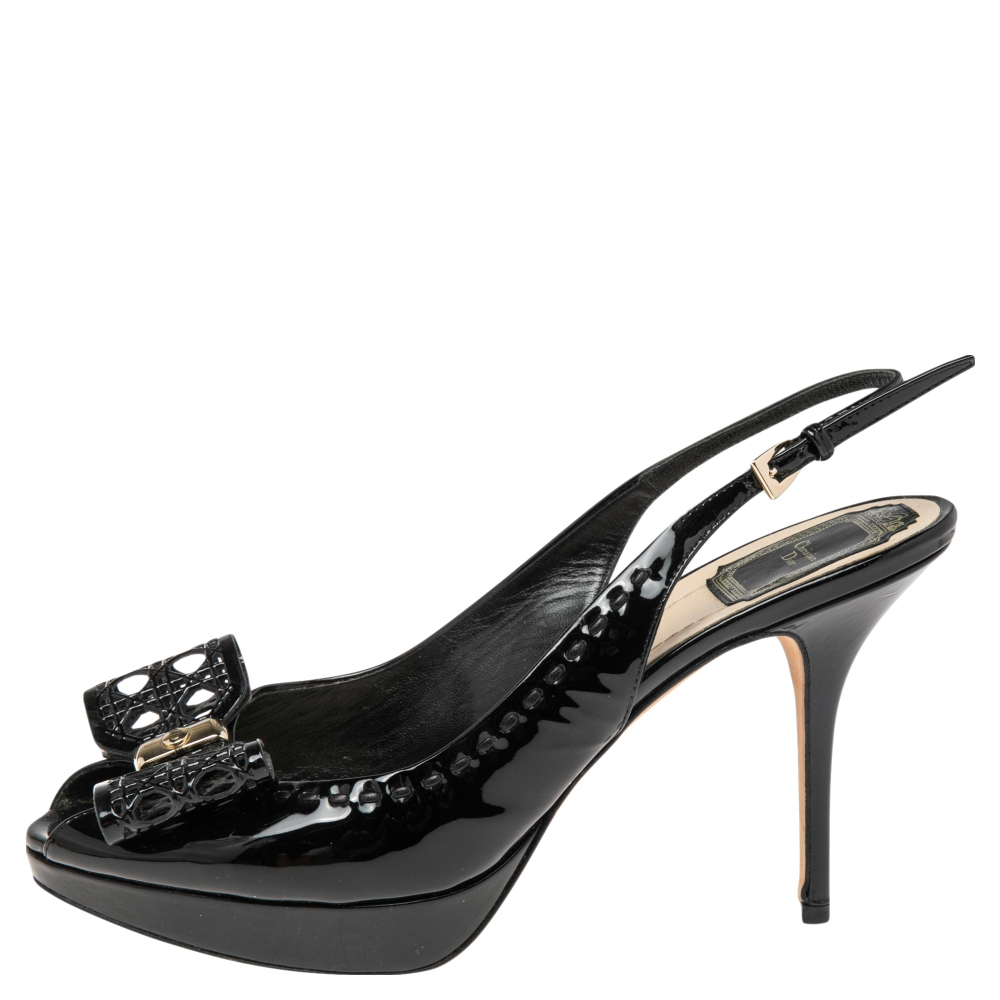 

Dior Black Patent Leather Cannage Bow Detail 'Butterfly' Slingback Sandals Size