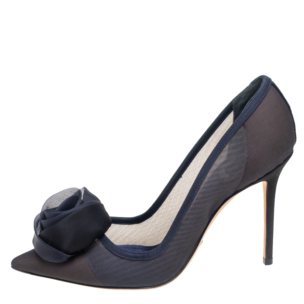 

Dior Navy Blue Mesh And Canvas Embellished Rosette Pointed Toe Pumps Size