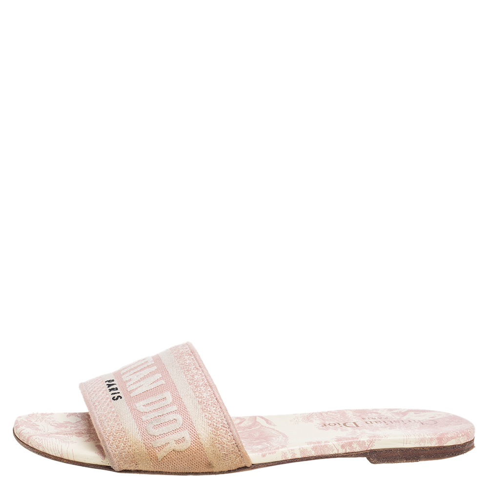 

Dior Pink/Cream Embroidered Canvas Dway Flat Slides Size