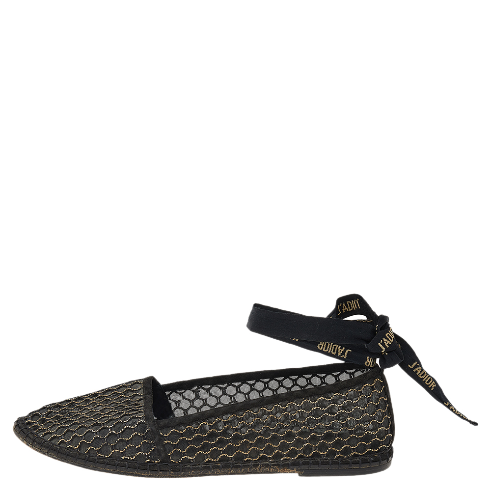 

Dior Black-Gold Mesh, Suede, And Raffia Miss J'Adior Espadrille Ankle Wrap Flats Size