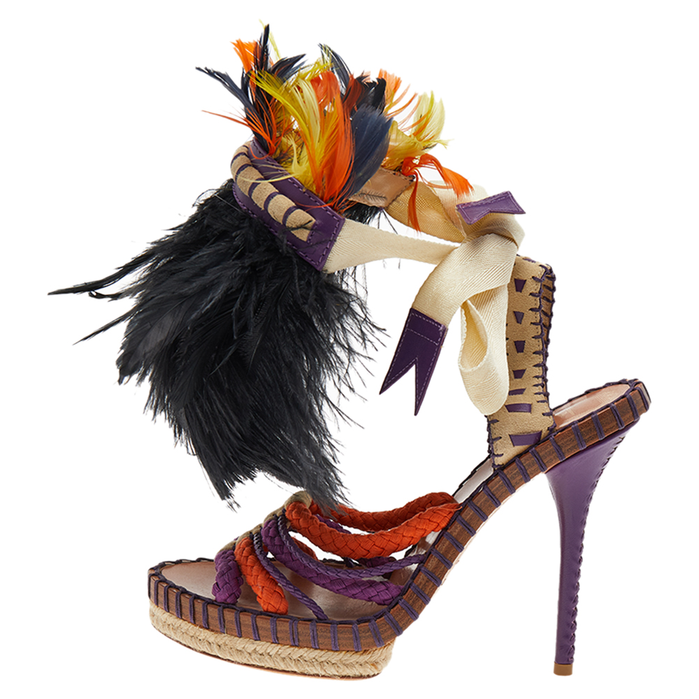 

Dior Multicolor Braided Fabric, Leather, Ostrich Feather, And Suede Ankle Wrap Sandals Size