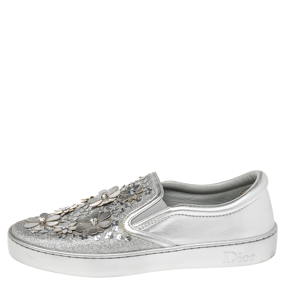 

Dior Metallic Silver Glitter And Leather Dior Happy Floral Embellished Slip On Sneakers Size