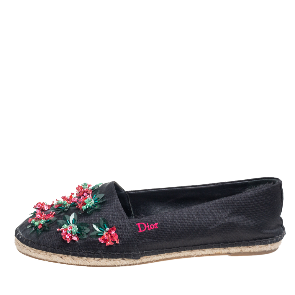 

Dior Black Floral Embellished Canvas Espadrille Loafers Size
