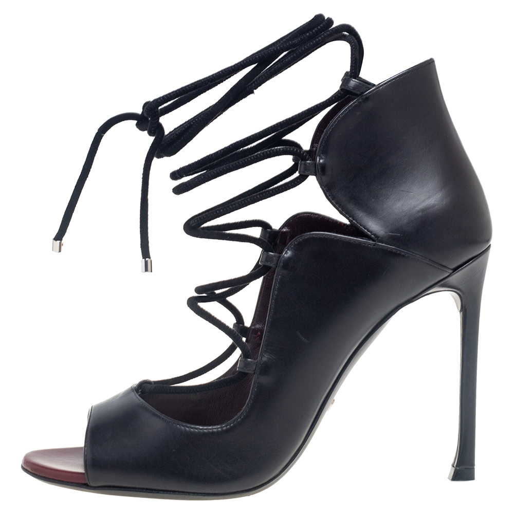 

Dior Black Leather Petale Open Toe Lace Up Pumps Size