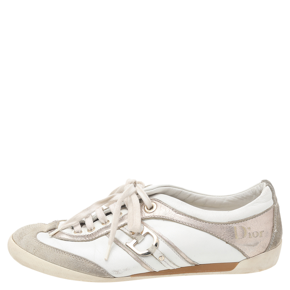 

Dior White/Gold Leather and Suede Lace Up Sneakers Size
