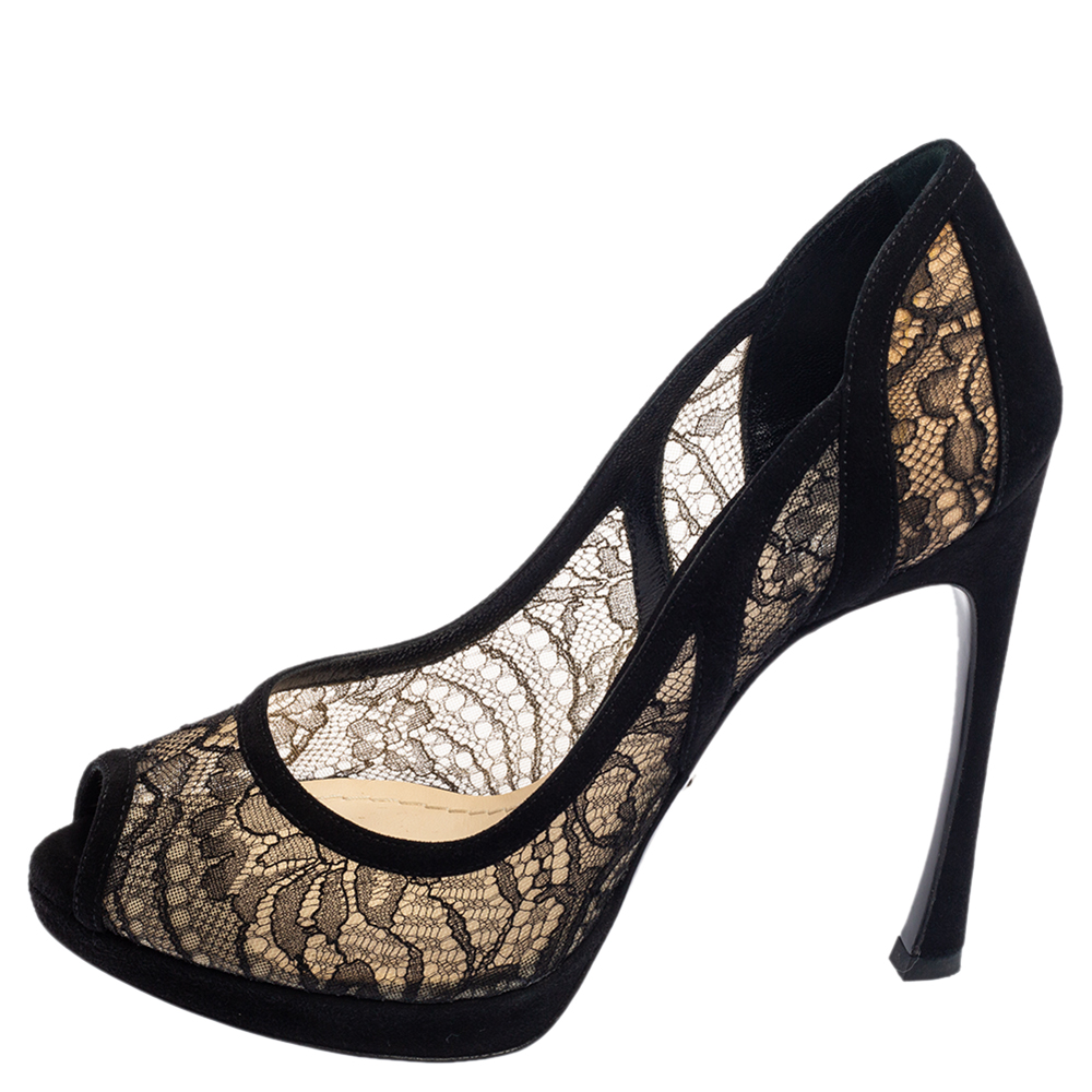 

Dior Black Lace And Suede Dior Lingerie Peep Toe Platform Pumps Size