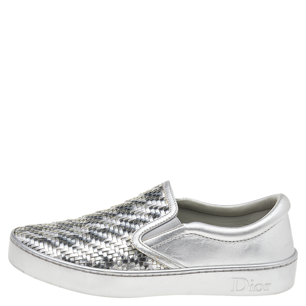 

Dior Metallic Silver Woven Leather Slip On Sneakers Size