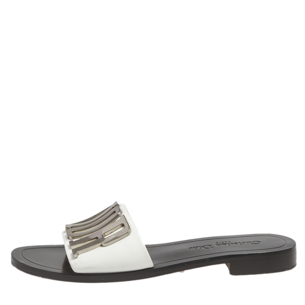 

Dior White Leather Diorevolution Flat Slides Size