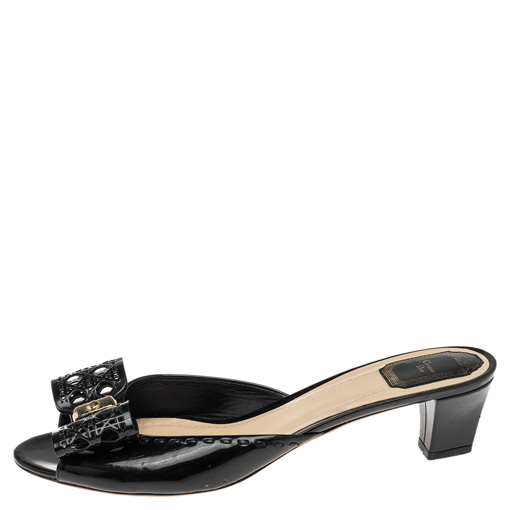 

Dior Black Patent Leather Bow Peep Toe Slide Sandals Size