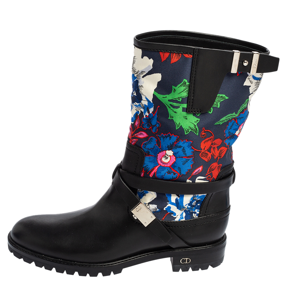 

Dior Black Leather and Floral Print Satin Combat Boots Size