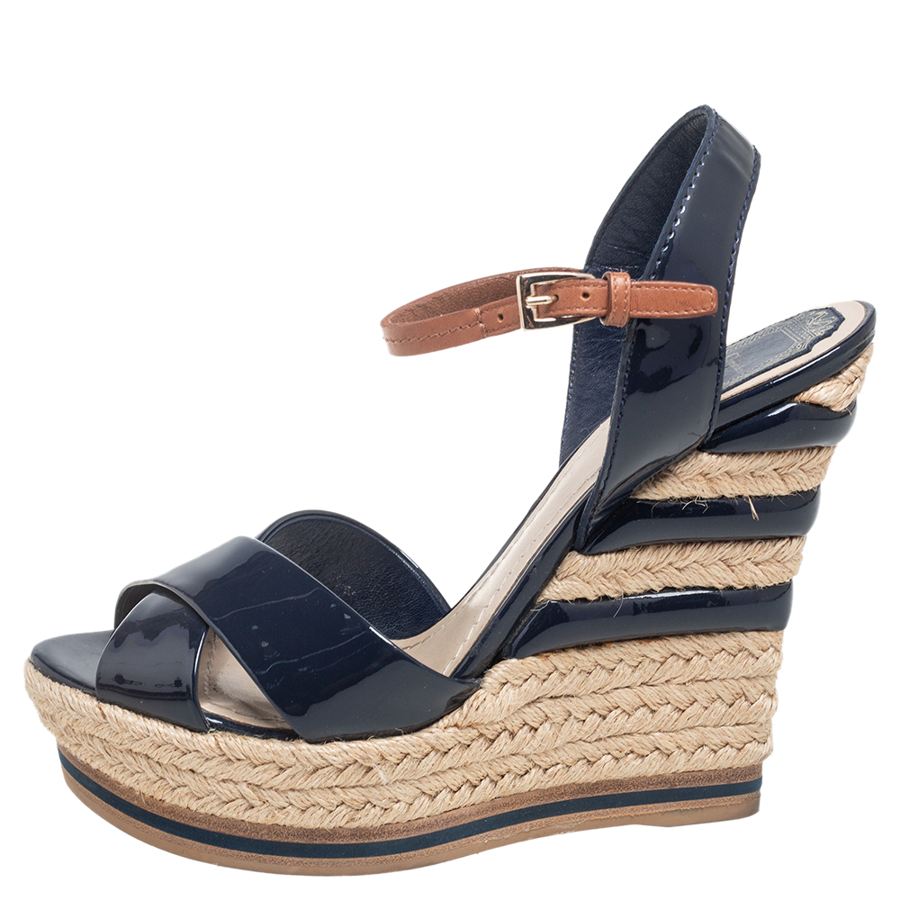 

Dior Blue Patent Leather Riviera Ankle-Strap Wedge Sandals Size