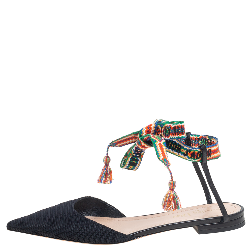 

Dior Black Technical Fabric J'adior Pointed Toe Ankle Wrap Flats Size