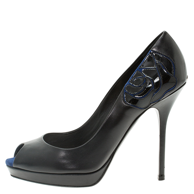 

Dior Black Leather and Blue Suede Rose Detail Peep Toe Platform Pumps Size