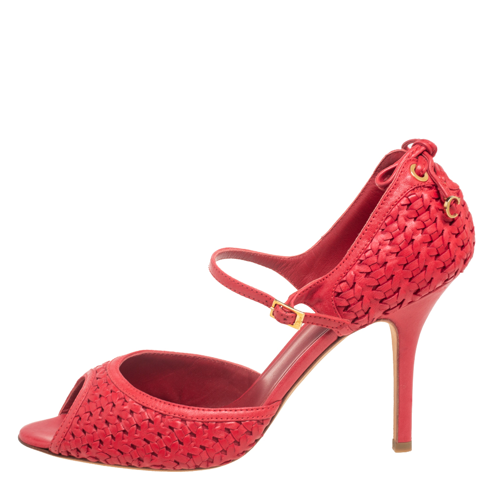 

Dior Red Woven Leather Ankle Strap Sandals Size