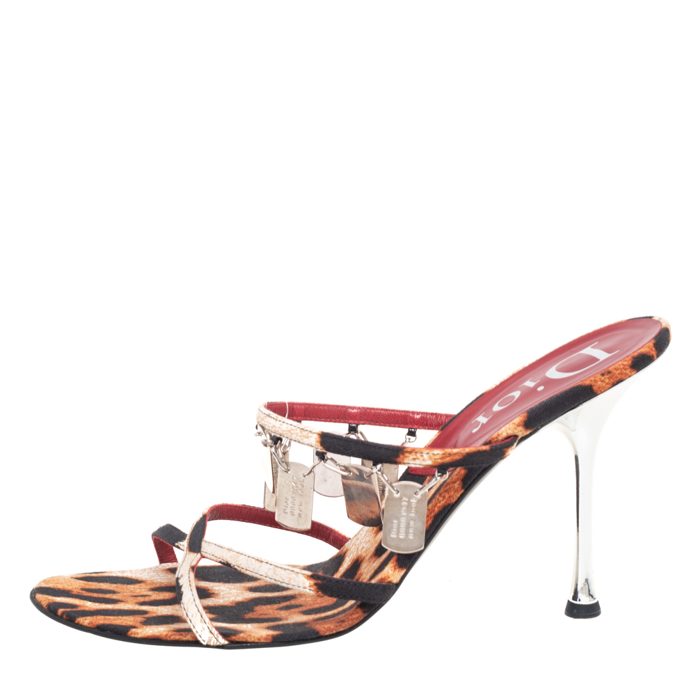 

Dior Brown/Black Leopard Print Canvas Embellished Strappy Sandals Size