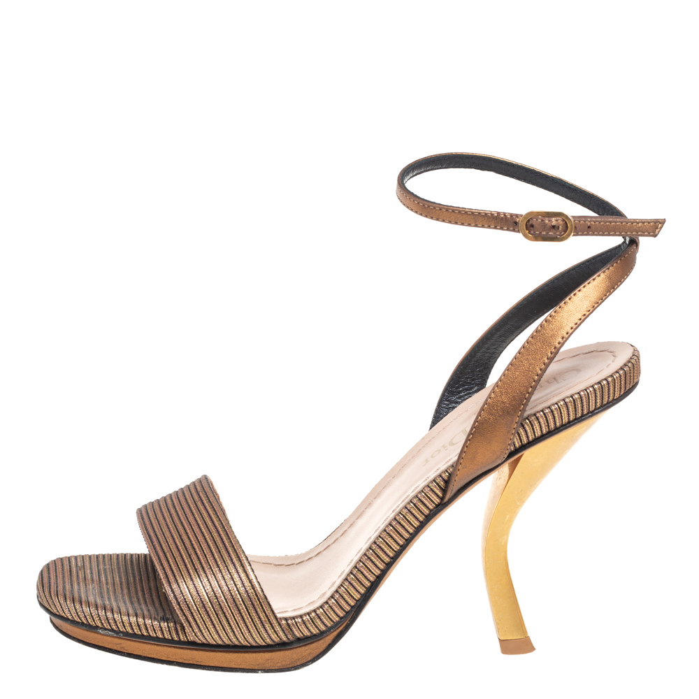 

Dior Gold/Brown Leather And Fabric Ankle Strap Sandals Size