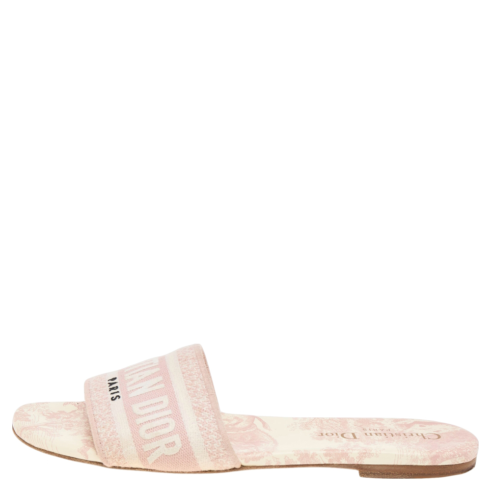 

Dior Pink/Cream Embroidered Canvas Dway Flat Slides Size