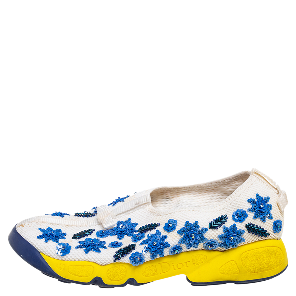 

Dior White/Blue Sequins Embellished Mesh Fusion Slip-On Sneakers Size