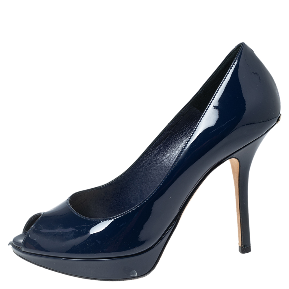 

Dior Navy Blue Patent Leather Platform Peep Toe Pumps Size