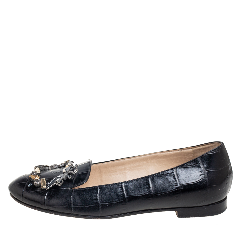 

Dior Black Croc Embossed Leather Embellished Ballet Flats Size