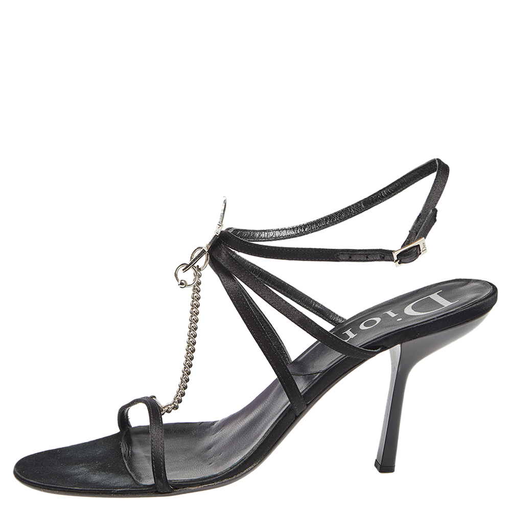 

Dior Black Satin Star Crystal Embellished Ankle Strap Sandals Size