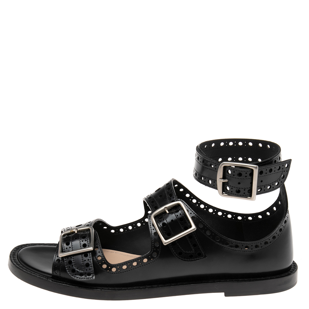 

Dior Black Perforated Leather Teddy D Buckles Flat Sandals Size