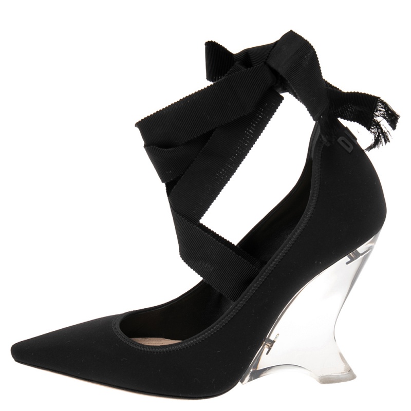 

Dior Black Fabric Transparent Wedge Ankle Tie-Up Pumps Size