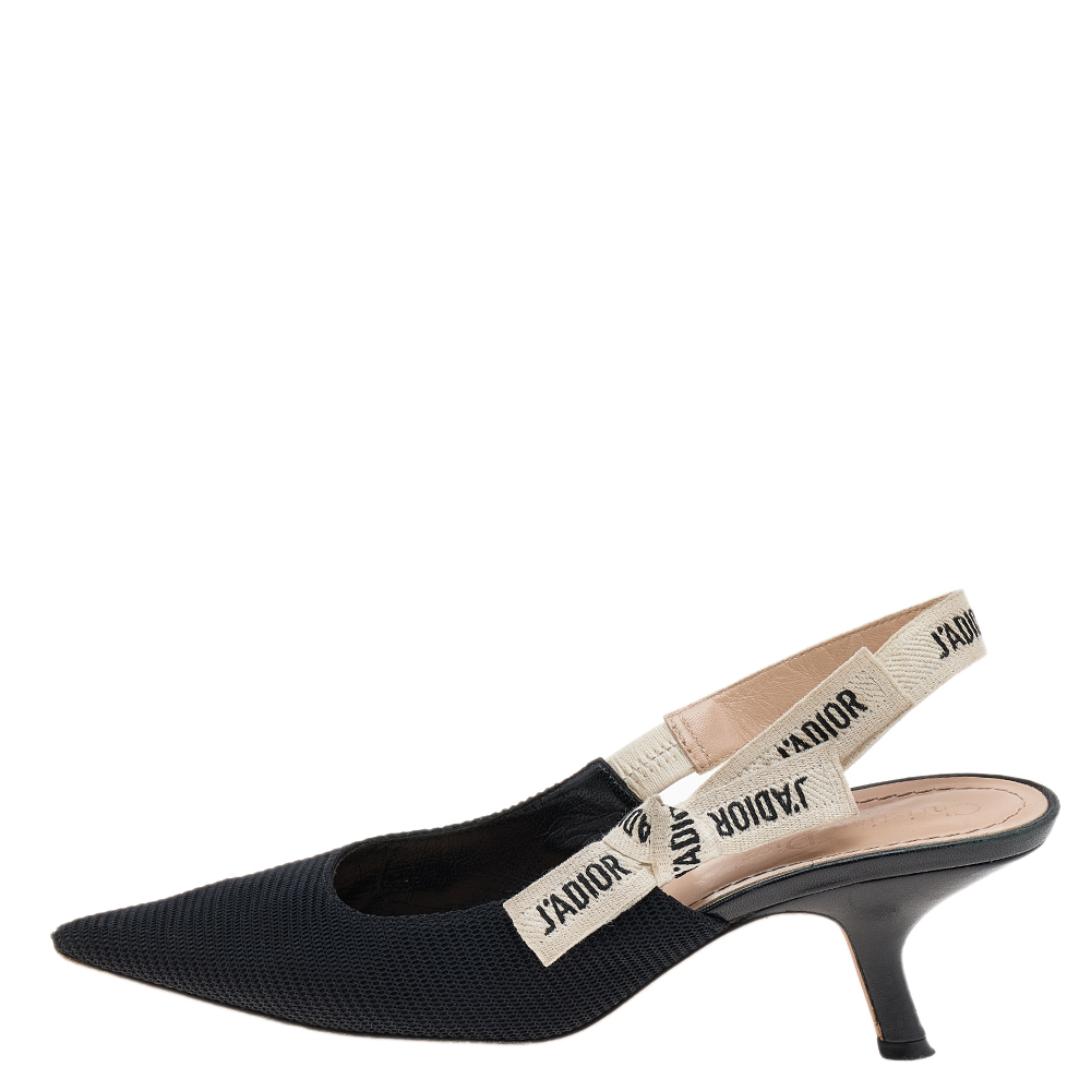 

Dior Black/White Nylon/Canvas J'adior Slingback Pointed Toe Sandals Size