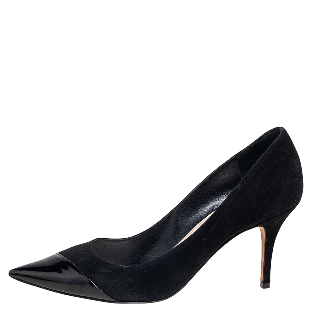 

Dior Black Suede and Patent Leather Cap Pointed-Toe Pumps Size