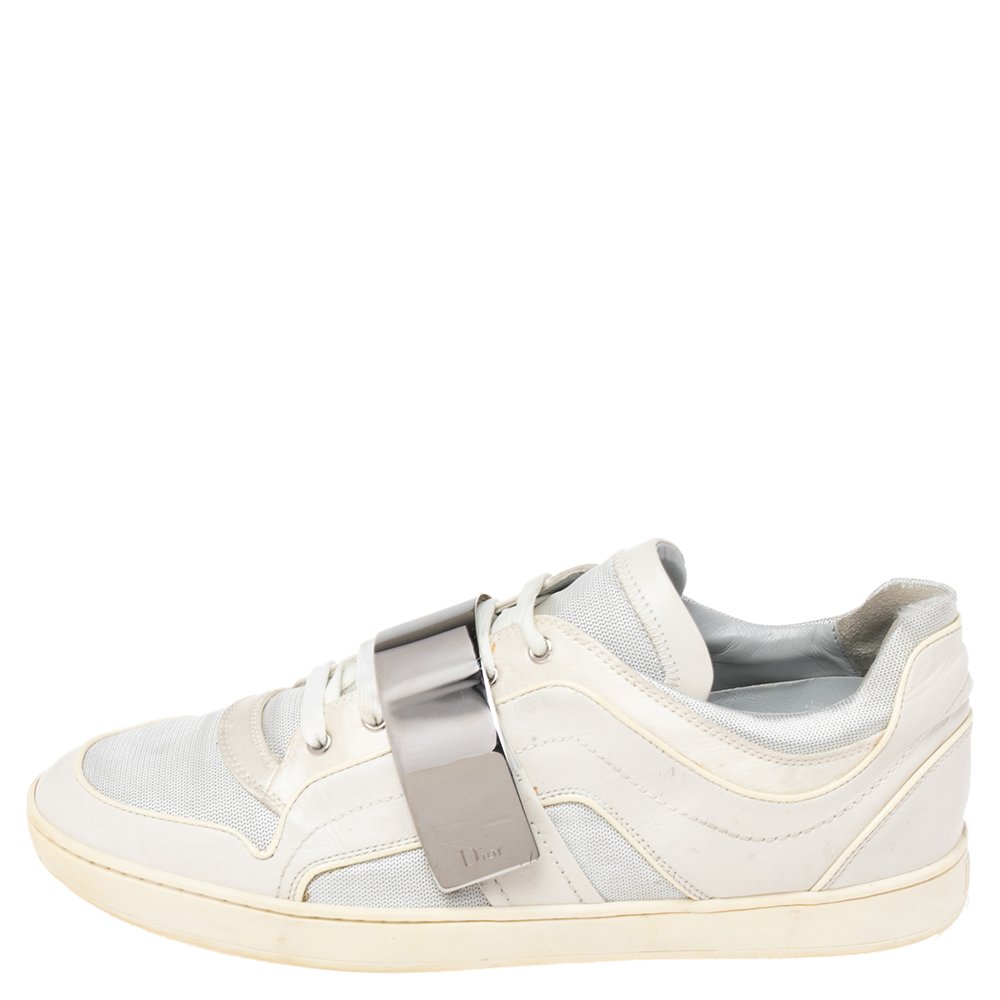 

Dior Off-White Leather and Fabric Logo Metal Strap Low-Top Sneakers Size