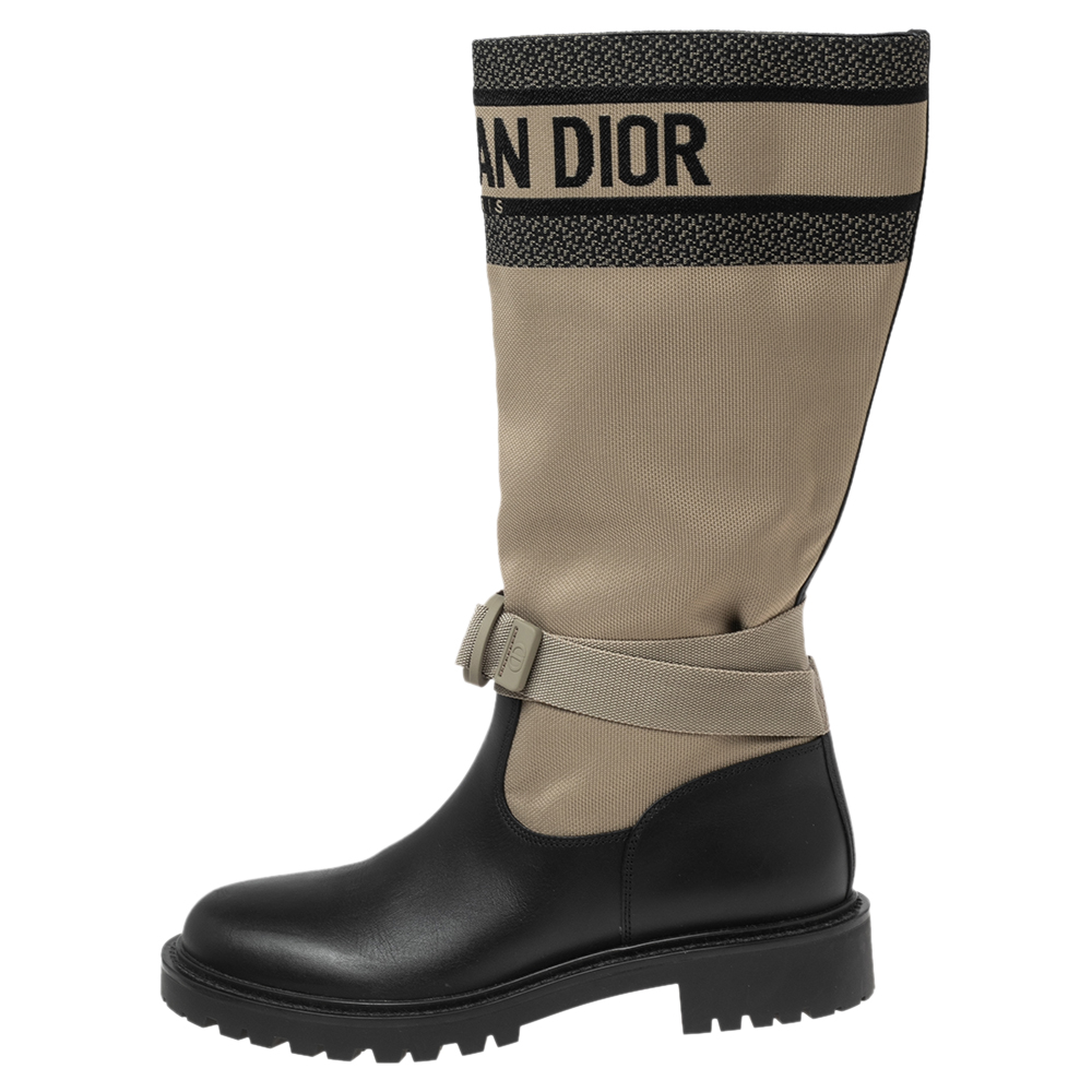 

Dior Black/Army Green Leather and Canvas D-Major Mid-Calf Boots Size
