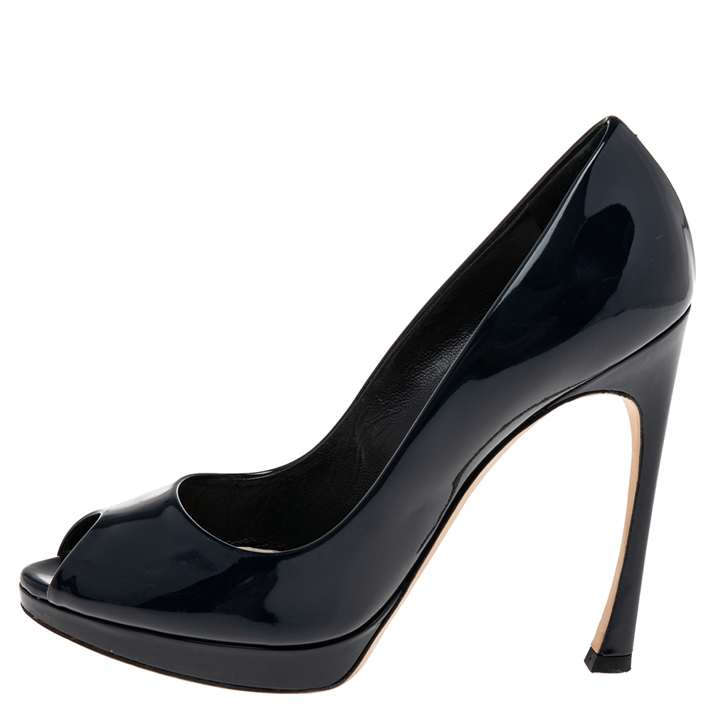 

Dior Navy Blue Patent Leather Platform Peep Toe Pumps Size