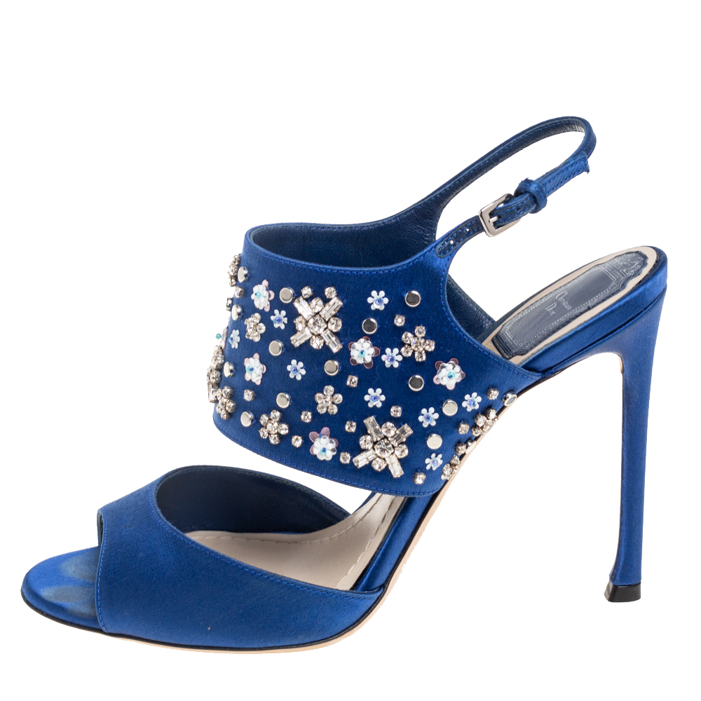 

Dior Blue Satin Embellished Slingback Sandals Size