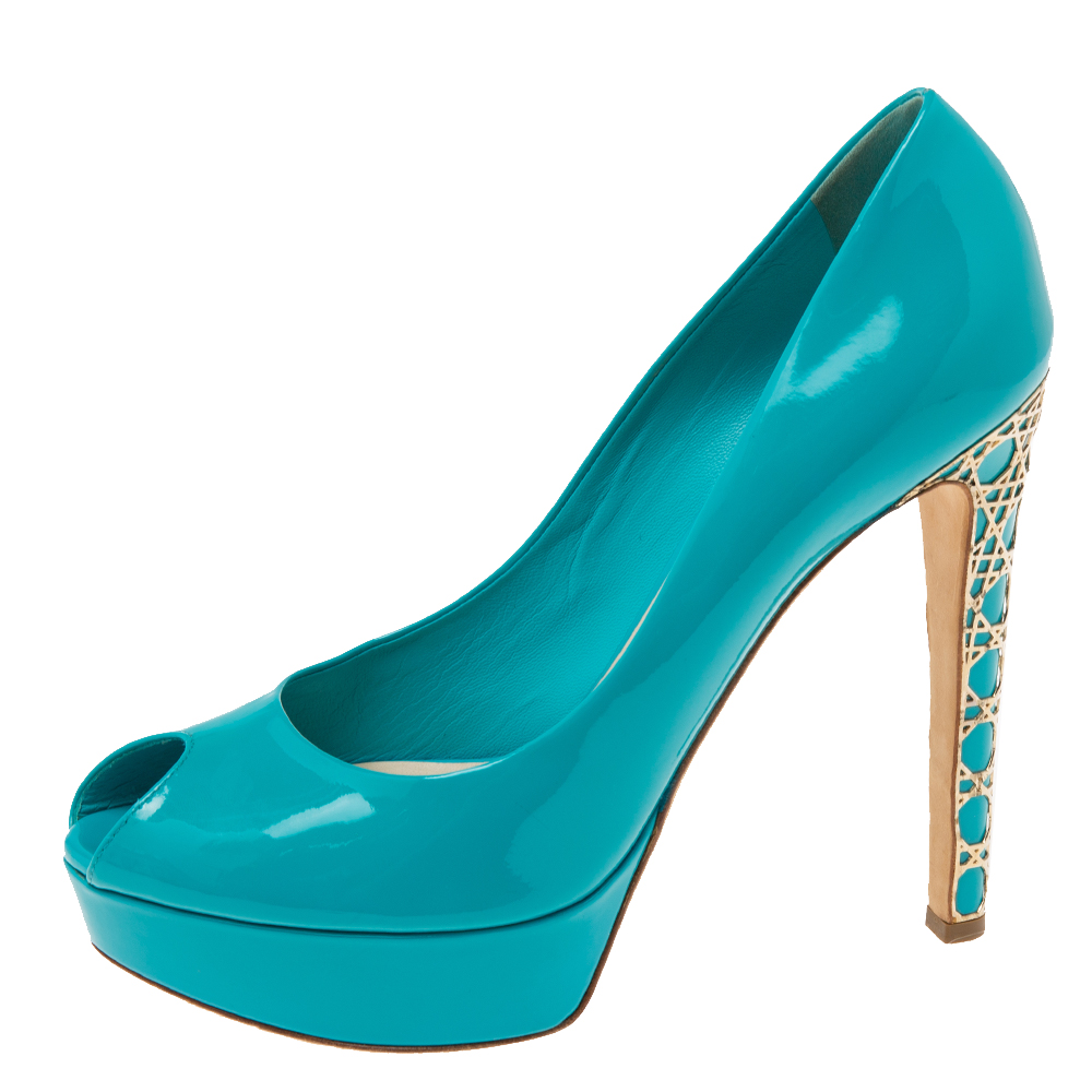 

Dior Blue Patent Leather Metal Cannage Heel Peep Toe Platform Pumps Size