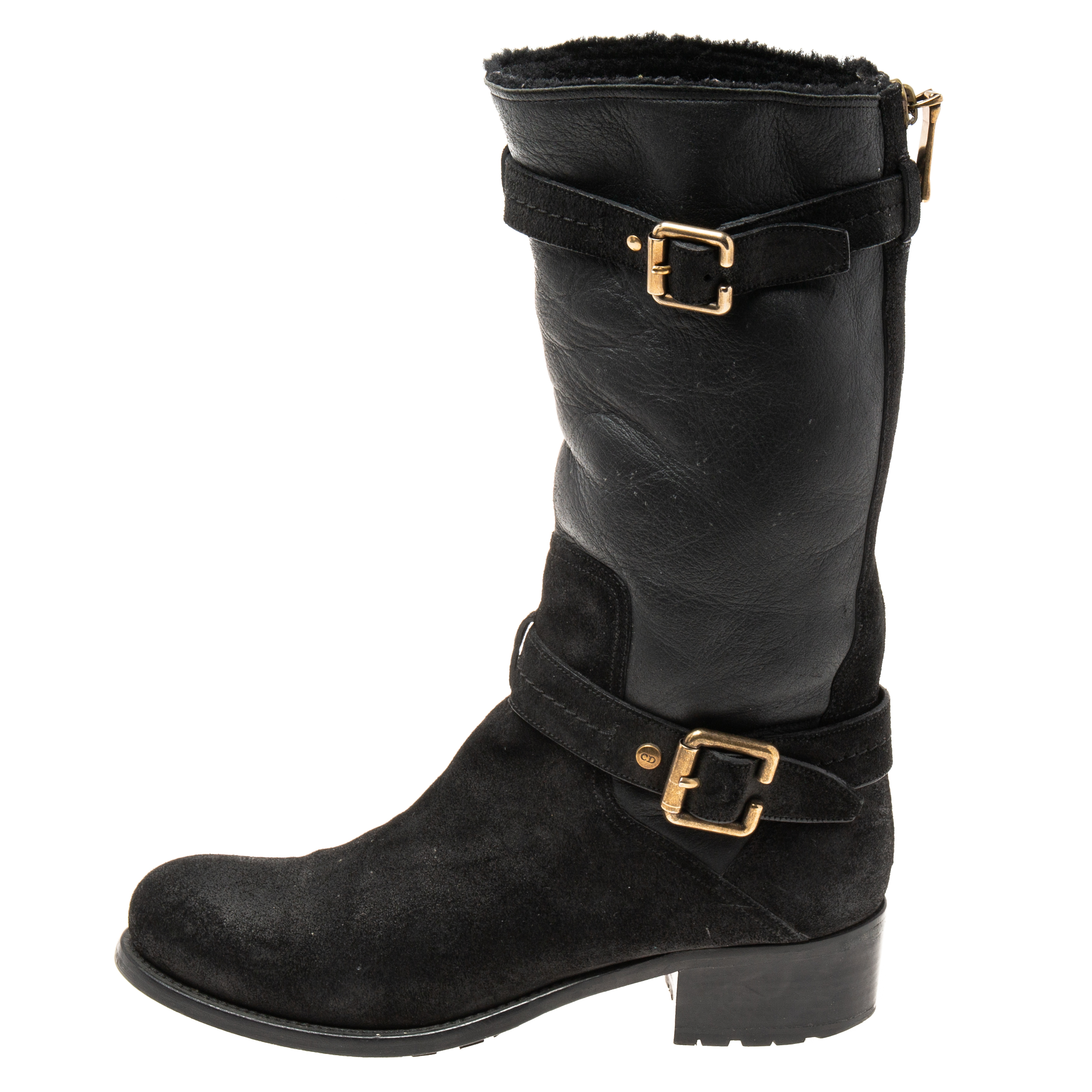 

Dior Black Nubuck and Leather Buckle Strap Detail Mid-Calf Boots Size