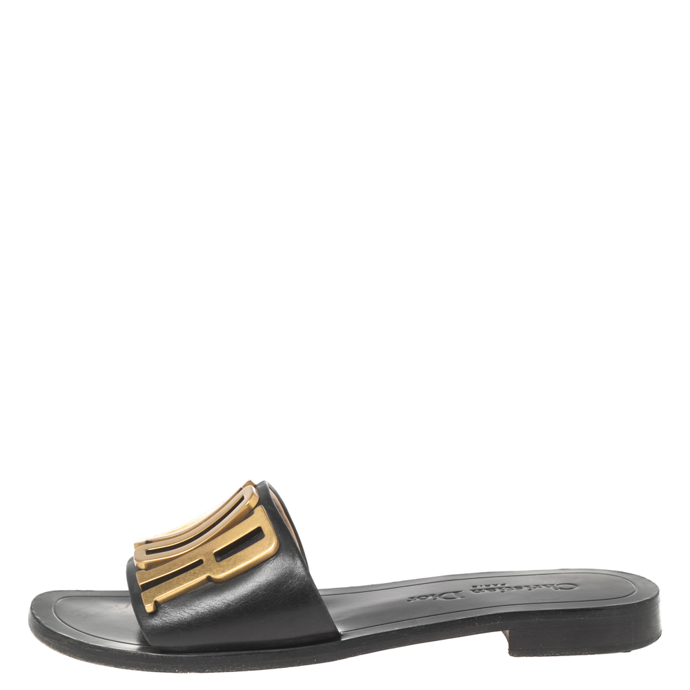 

Dior Black Leather Revolution Logo Flat Slides Size
