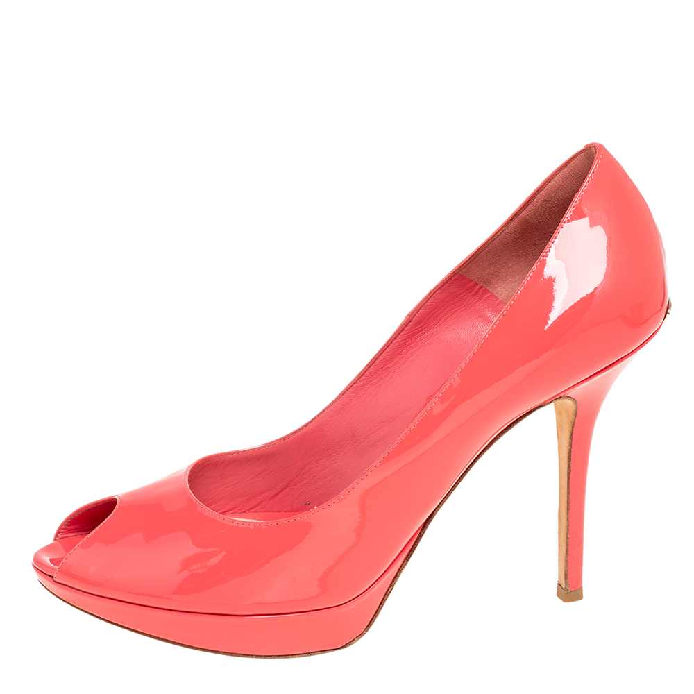 

Dior Coral Pink Patent Leather Miss Dior Peep Toe Platform Pumps Size