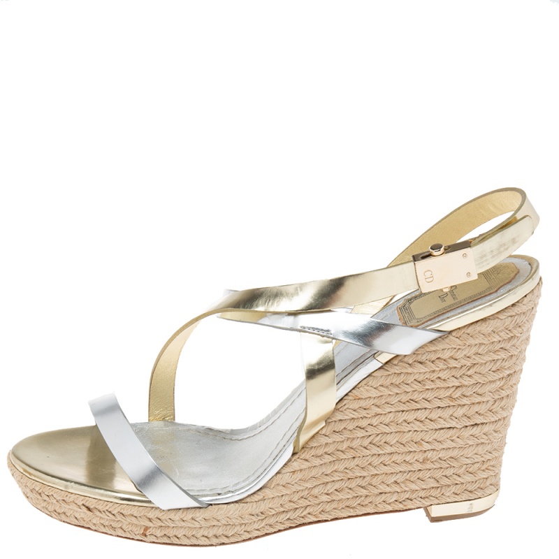 

Dior Metallic Leather Criss Cross Wedge Espadrille Ankle Strap Sandals Size