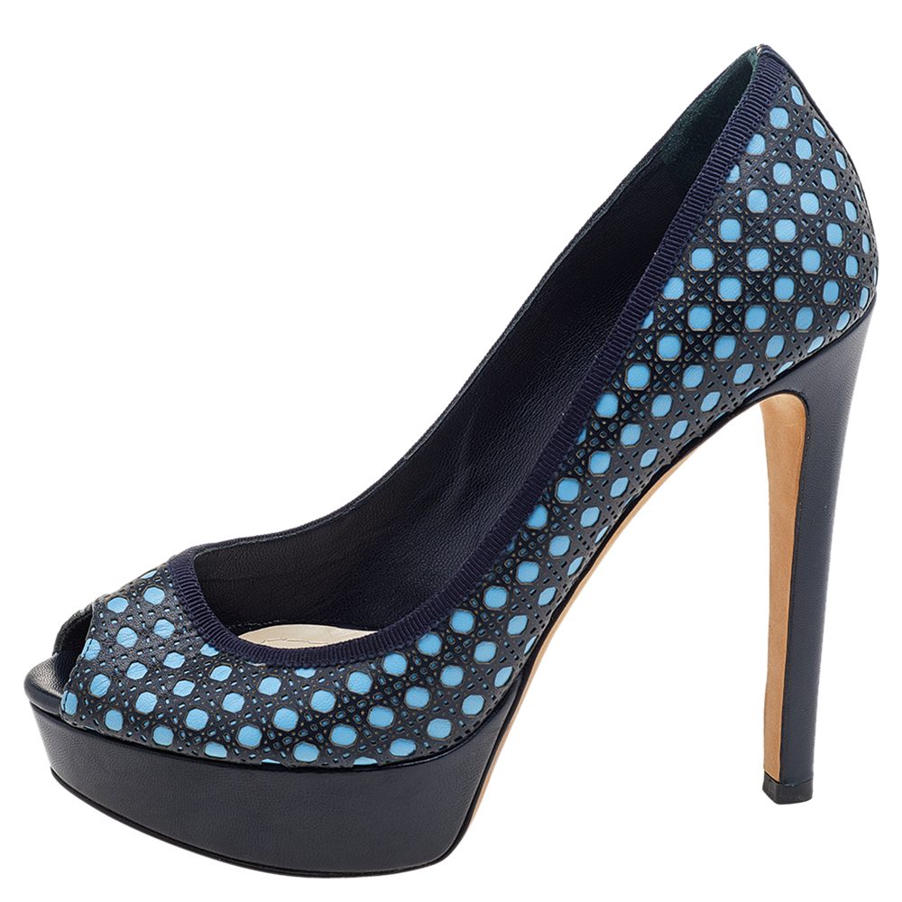 

Dior Blue Cannage Cutout Leather Miss Dior Peep Toe Platform Pumps Size