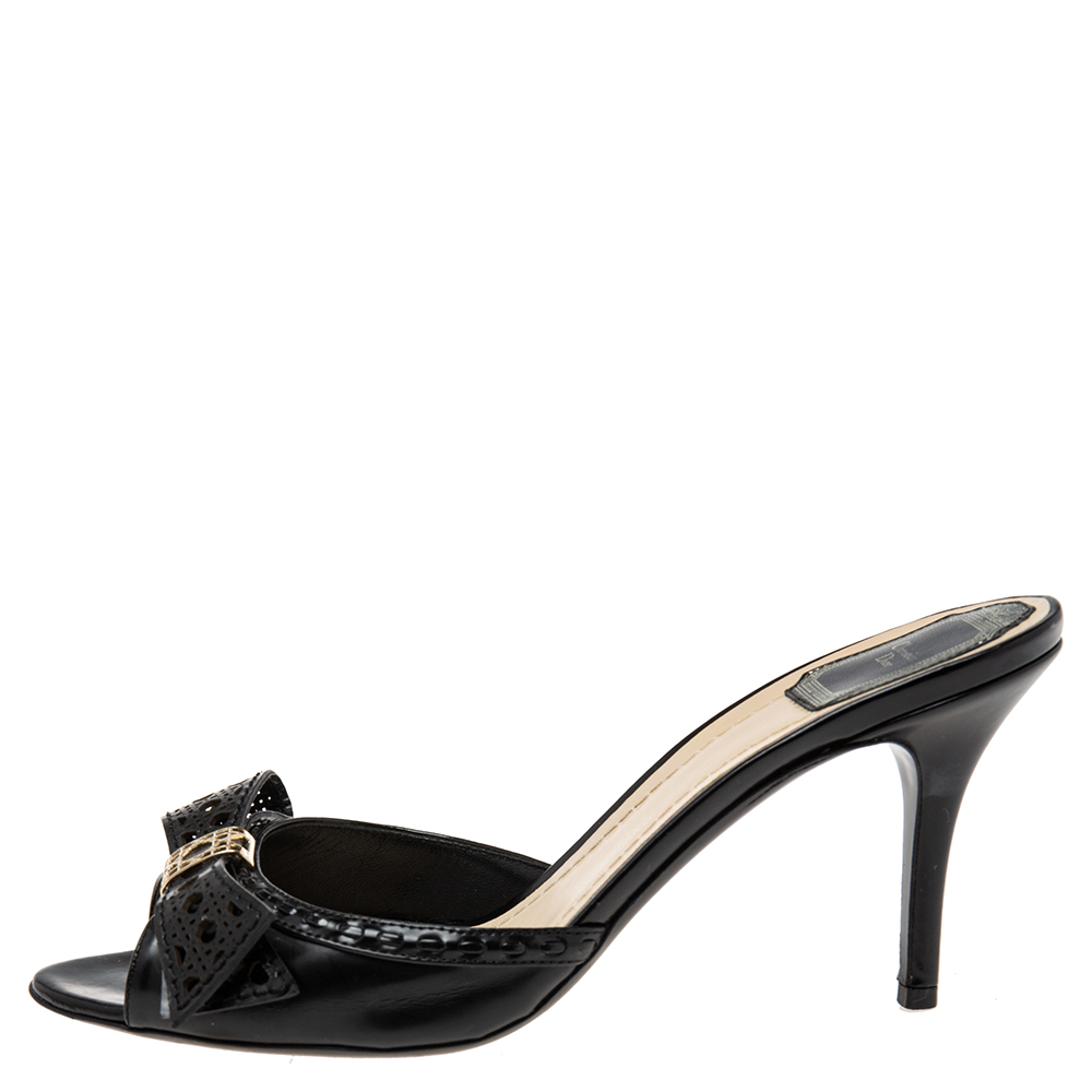 

Dior Black Leather Cannage Laser Cut Bow Slide Sandals Size