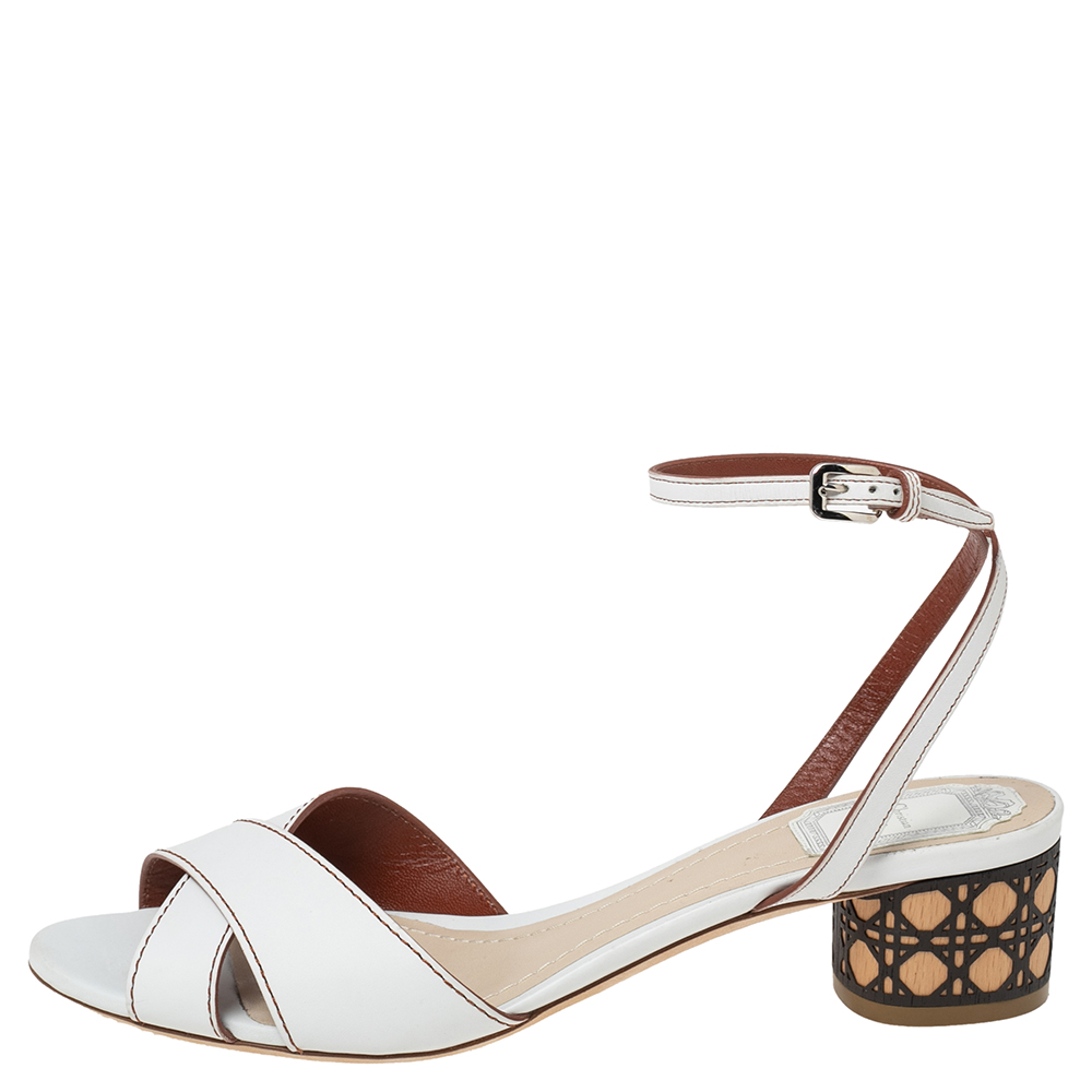 

Dior White Leather Cannage Block Heel Ankle Strap Sandals Size