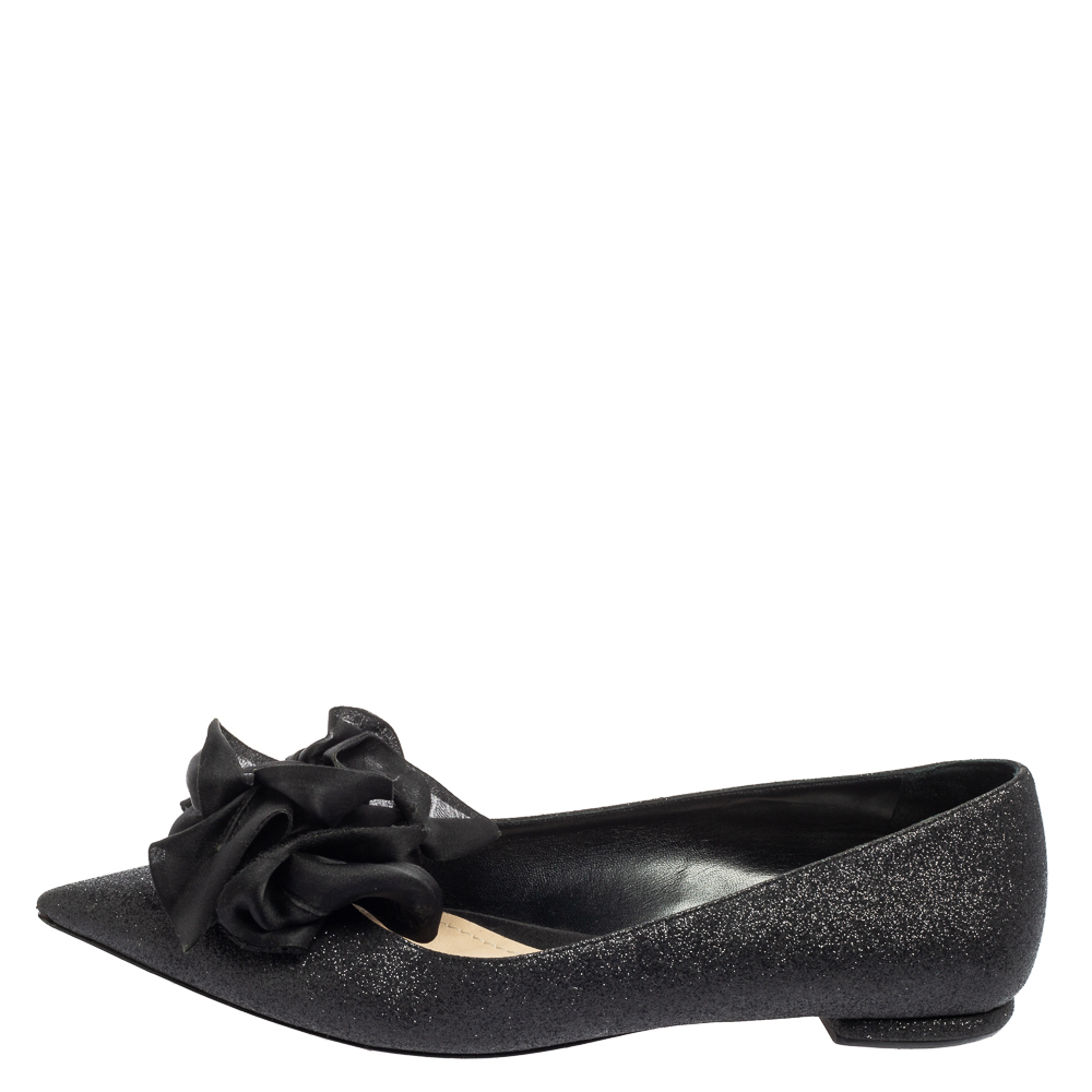 

Dior Black Glitter and Fabric Flower Ballet Flats Size