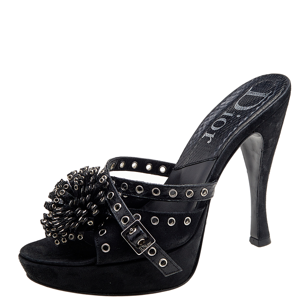 

Dior Black Perforated Suede And Python Embellished Platform Slide Sandals Size