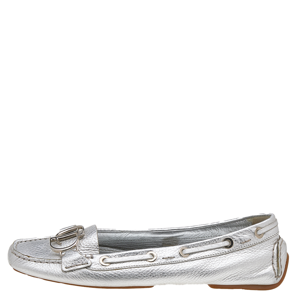 

Dior Silver Leather Logo Embellished Slip On Loafers Size