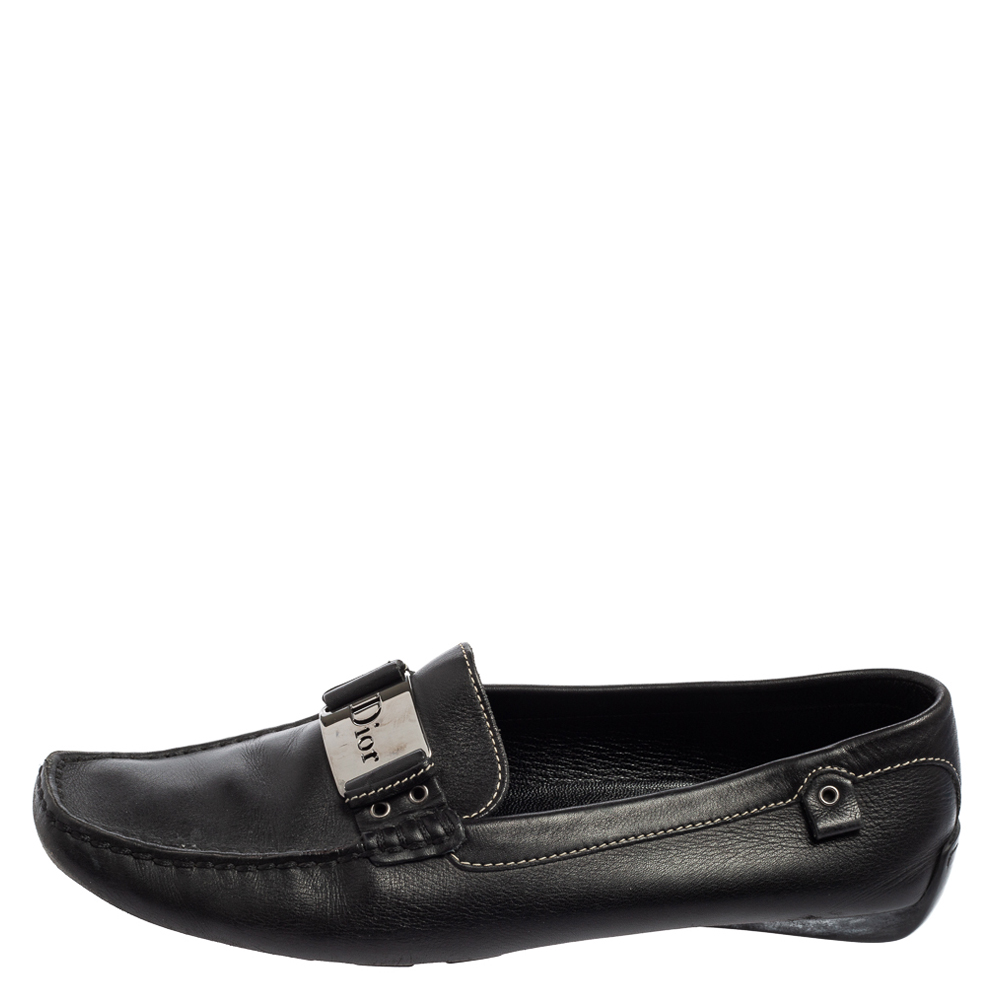 

Dior Black Leather Logo Buckle Loafers Size