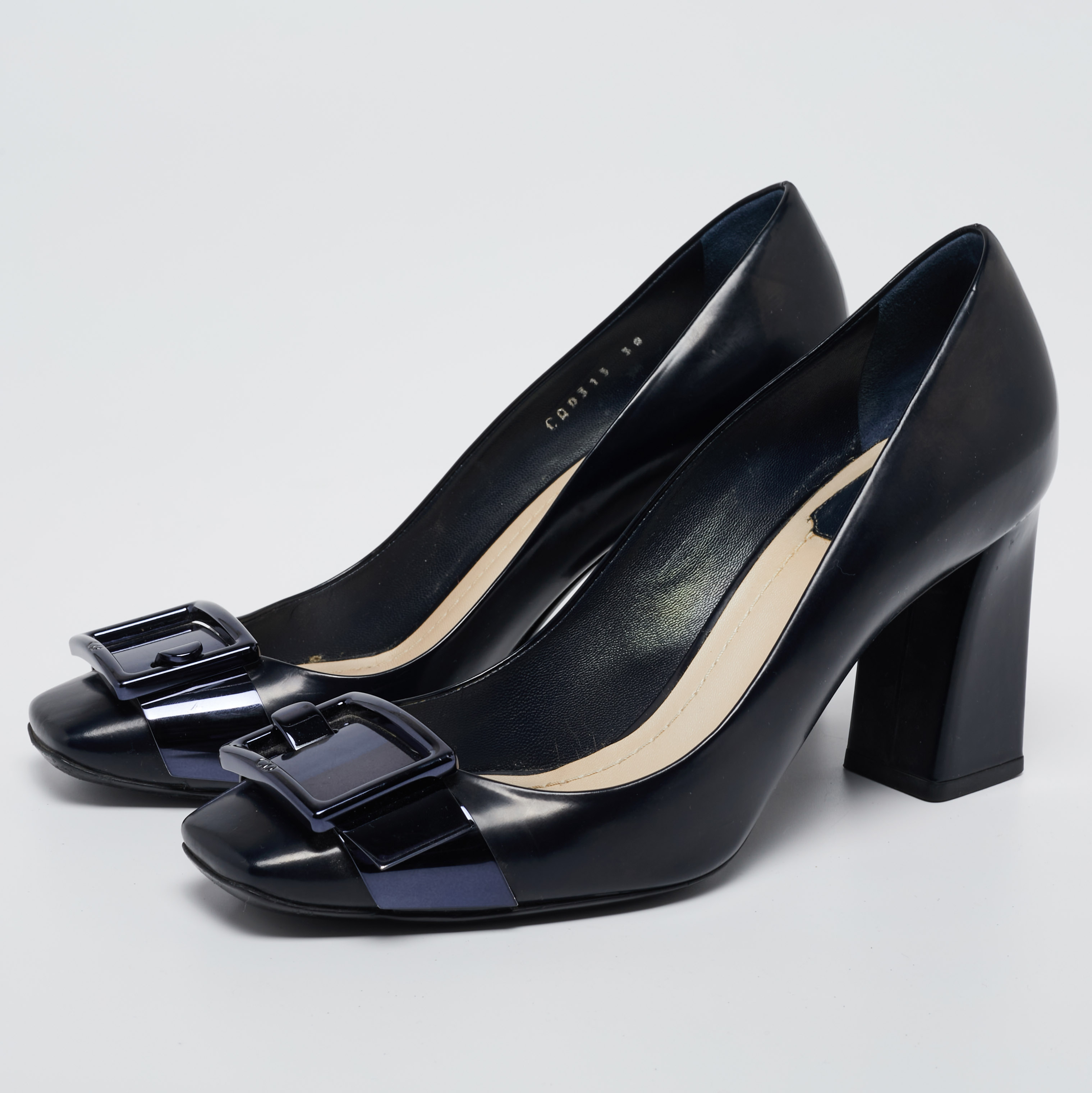 

Dior Navy Blue Leather Buckle Detail Block Heel Pumps Size