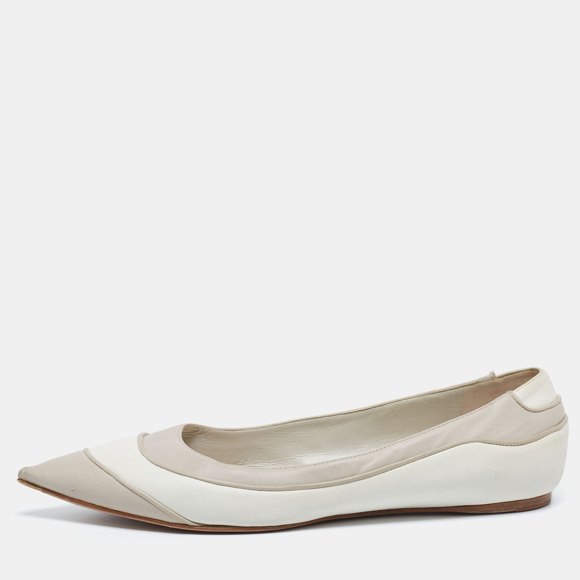 

Dior Off-White/Light Grey Leather Pointed Toe Ballet Flats Size