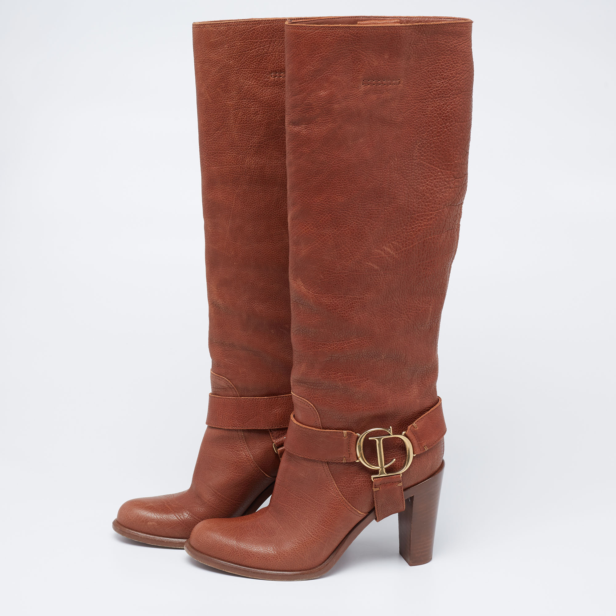 

Dior Brown Leather CD Logo Knee Length Boots Size